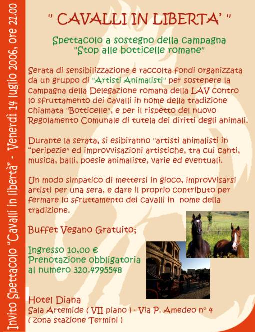 Immagine: copert. invito “CAVALLI IN LIBERTÀ” - Spettacolo a sostegno della Campagna "Stop alle botticelle romane" / su Comunicarecome.it