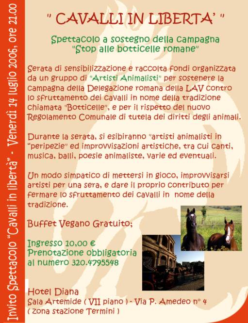Immagine: copert. invito CAVALLI IN LIBERT - Spettacolo a sostegno della Campagna "Stop alle botticelle romane" / su Comunicarecome.it