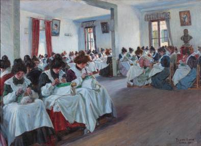 Immagine  == >  BIANCO Pieretto (Pietro Bortoluzzi) - (Trieste 1875 - Bologna 1937) - < La scuola dei merletti a Burano > - 1905 - Olio su tela - cm 55,5x75,5 - Collezione privata  //  Rif.: << NOBILT DEL LAVORO >> Arti e mestieri nella pittura veneta tra 800 e 900 -- Museo Nazionale di Villa PisaniStra (Venezia) -- dal 2 Giugno al 4 Novembre 2012  //  [Info: www.studiopesci.it - info@studiopesci.it]