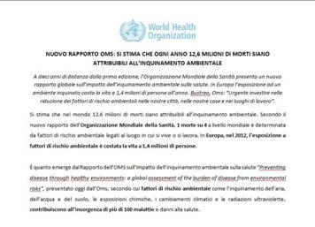 Immagine > particolare/estratto pag. 1 del Documento.
|| Rapporto dell’OMS sull’impatto dell’inquinamento ambientale sulla salute “Preventing disease through healthy environments: a global assessment of the burden of disease from environmental risks”
2016
Rif.: Istituto Nazionale per la Comunicazione