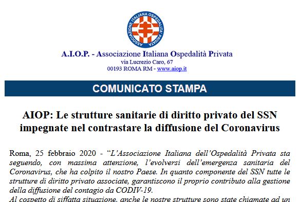 Immagine - Rif.: <<AIOP: Le strutture sanitarie di diritto privato del SSN impegnate nel contrastare la diffusione del Coronavirus.>> - <<Roma, 25 febbraio 2020 - gLfAssociazione Italiana dellfOspedalità Privata sta seguendo, con massima attenzione, lfevolversi dellfemergenza sanitaria del Coronavirus, che ha colpito il nostro Paese. In quanto componente del SSN tutte le strutture di diritto privato associate, garantiscono il proprio contributo alla gestione della diffusione del contagio da CODIV-19. Al cospetto di siffatta situazione, anche le nostre strutture sono state chiamate ad un (..)>> [rif. vrelations.it - Febbraio 2020] :: AIOP - Associazione Italiana Ospedalità Privata || aiop.it