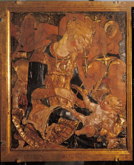 Immagine - Rif. La Madonna del Presepe da Donatello a Guercino - Una devozione antica e nuova nella terra di Cento" / Pinacoteca Civica di Cento (FE) - dal 2 Dicembre 2007 al 13 Aprile 2008 / ==> Donatello - MADONNA COL BAMBINO E ANGELI (MADONNA DEI CORDAI) - Bassorilievo in stucco policromo su fondo musivo - Firenze, Museo Bardini