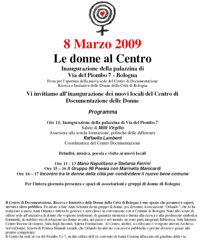 Immagine - Rif.: Programma di inaugurazione del Centro di Documentazione, Ricerca e Iniziativa delle Donne della Città di Bologna > "Le donne al Centro"
