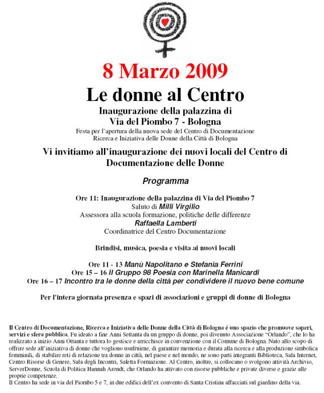 Immagine - Rif.: Programma di inaugurazione del Centro di Documentazione, Ricerca e Iniziativa delle Donne della Citt di Bologna > "Le donne al Centro"