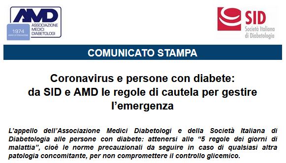 Immagine - Rif.: «Coronavirus e persone con diabete: da SID e AMD le regole di cautela per gestire lfemergenza» _ «Lfappello dellfAssociazione Medici Diabetologi e della Società Italiana di Diabetologia alle persone con diabete: attenersi alle g5 regole dei giorni di malattiah, cioè le norme precauzionali da seguire in caso di qualsiasi altra patologia concomitante, per non compromettere il controllo glicemico.» - 06 marzo 2020 // Rif.-Contatti: Ufficio stampa AMD > vrelations.it || Ufficio stampa SID - Uff.stampa.SID@gmail.com