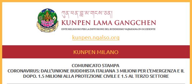 Immagine (Estratto-cs) - Rif.: «CORONAVIRUS: DALLfUNIONE BUDDHISTA ITALIANA 3 MILIONI PER L'EMERGENZA E IL DOPO. 1.5 MILIONI ALLA PROTEZIONE CIVILE E 1.5 AL TERZO SETTORE» || Comunicato 16 Marzo 2020 || KUNPEN MILANO - www.gangchen.it