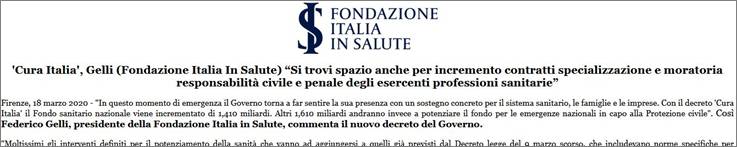 Immagine - Rif.: «'Cura Italia', Gelli (Fondazione Italia In Salute) gSi trovi spazio anche per incremento contratti specializzazione e moratoria responsabilità civile e penale degli esercenti professioni sanitarieh» [Marzo 2020 - Fondazione Italia in Salute] || www.gallitorrini.com // Estratto-cs