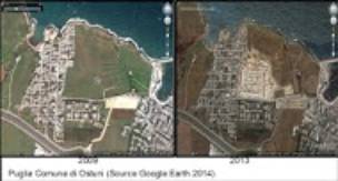 Immagine: _ Puglia _ Con dati a confronto _ In DOSSIER del WWF > gCEMENTO COAST TO COASTh «25 anni di natura cancellata dalle più pregiate coste italiane» == «DOSSIER-DENUNCIA DEL WWF: 25 ANNI DI gTRASFORMAZIONE METROPOLITANAh DELLE AMATE SPONDE»
«(..) Il dossier analizza con schede sintetiche lfevoluzione della situazione delle regioni costiere, mettendo a confronto i dati di oggi con quelli di 25 anni fa, con il supporto di immagini tratte da Google Earth e il quadro dfinsieme è una vera e propria trasformazione metropolitana delle coste italiane.» (Da: Documentazione Dossier WWF gCemento coast to coasth)
WWF Italia - www.wwf.it