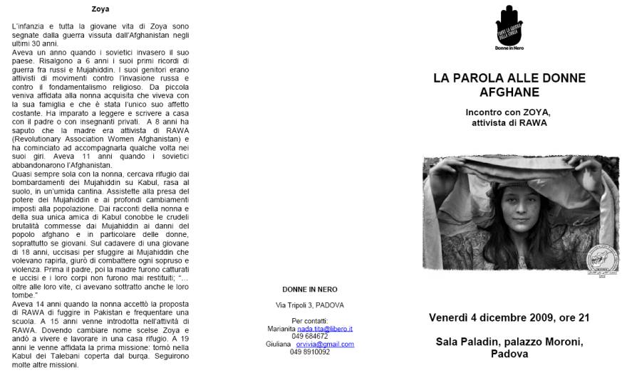 Immagine - Rif.: Donne in Nero - "LA PAROLA ALLE DONNE AFGHANE" Incontro con ZOYA, attivista di RAWA - Padova, 4 Dicembre 2009