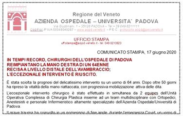 Immagine: Estratto cs «IN TEMPI RECORD, CHIRURGHI DELLfOSPEDALE DI PADOVA REIMPIANTANO LA MANO DESTRA DI UN 64ENNE RECISA A LIVELLO DISTALE DELLfAVAMBRACCIO; LfECCEZIONALE INTERVENTO È RIUSCITO.» - 17 Giugno 2020 - Azienda Ospedaliera di Padova - aopd.veneto.it