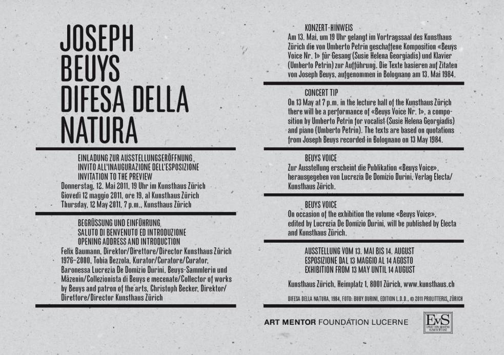 Immagine - Rif.: Mostra: "Joseph Beuys – Difesa della Natura". A cura di Lucrezia De Domizio Durini e Tobia Bezzola // Kunsthaus Zürich, Heimplatz 1, 8001 Zürich // dal 13 Maggio al 14 Agosto 2011 // [ Info: www.kunsthaus.ch ]  ==  2 di 2