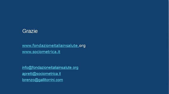Da presentazione: «GLI ITALIANI E IL COVID-19» - «Impatto socio-sanitario, comportamenti e atteggiamenti verso i vaccini» || ricerca della Fondazione Italia in Salute e realizzata da Sociometrica - 15 aprile 2021 || _ Diapositiva 15 _ || Grazie || www.fondazioneitaliainsalute.org - www.sociometrica.it || info@fondazioneitaliainsalute.org - apreiti@sociometrica.it - lorenzo@gallitorrini.com