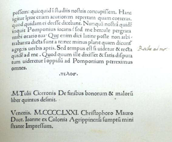 Immagine - Rif.: mostra internazionale "Libri antichi e di pregio a Milano" /  Cicero Marcus Tullius - Editio Princeps: The Pembroke CopyDe finibus bonorum et malorum. [Edited with an introduction by Georgius Merula]