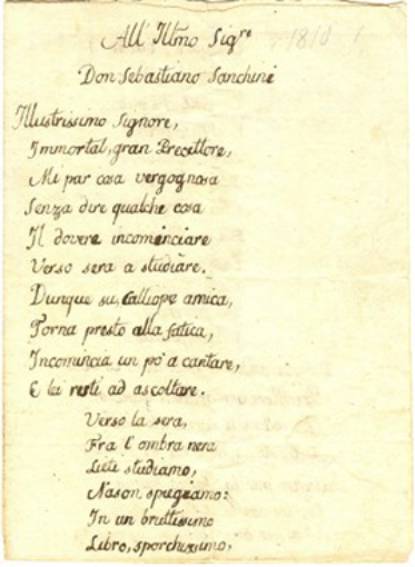 Immagine - Rif.: mostra internazionale "Libri antichi e di pregio a Milano" /  Leopardi Giacomo - Manoscritto poetico autografo firmato, Recanati 1810