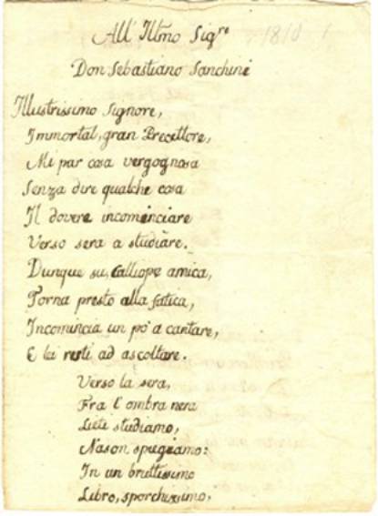Immagine - Rif.: mostra internazionale "Libri antichi e di pregio a Milano" / Leopardi Giacomo - “Manoscritto poetico autografo firmato, Recanati 1810”