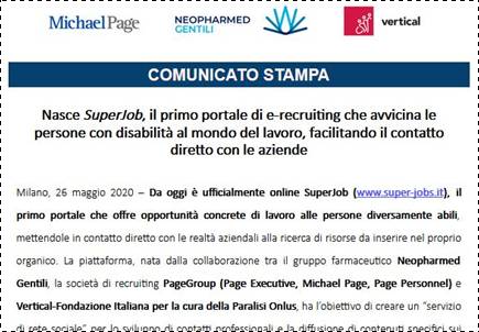 Immagine: Estratto cs «Nasce SuperJob, il primo portale di e-recruiting che avvicina le persone con disabilità al mondo del lavoro, facilitando il contatto diretto con le aziende» (Maggio 2020) || www.super-jobs.it || Riferimenti utili: Ufficio Stampa Value Relations - vrelations.it