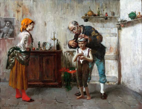 Immagine  == >  Da Molin Oreste - (Piove di Sacco 1856 - Padova 1921) - < Il barbiere rusticano > - Olio su tela - cm 88x113 - Collezione privata  //  Rif.: << NOBILT DEL LAVORO >> Arti e mestieri nella pittura veneta tra 800 e 900 -- Museo Nazionale di Villa PisaniStra (Venezia) -- dal 2 Giugno al 4 Novembre 2012  //  [Info: www.studiopesci.it - info@studiopesci.it]