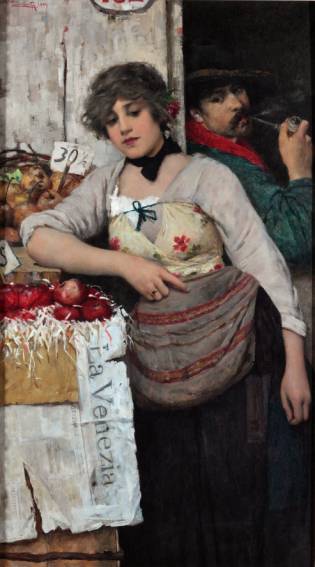 Immagine  == >  Laurenti Cesare - (Mesola, Ferrara, 1854 - Venezia 1936) - <Fruttivendola> - 1889 - Olio su tela - cm 123 x 70 - Collezione privata  //  Rif.: << NOBILT DEL LAVORO >> Arti e mestieri nella pittura veneta tra 800 e 900 -- Museo Nazionale di Villa PisaniStra (Venezia) -- dal 2 Giugno al 4 Novembre 2012  //  [Info: www.studiopesci.it - info@studiopesci.it]