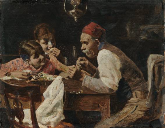 Immagine  == >  Zonaro Fausto - (Masi Padova 1854 - Sanremo 1929) - < Il sarto > - Olio su tavola - cm 19x25 - Collezione privata  //  Rif.: << NOBILT DEL LAVORO >> Arti e mestieri nella pittura veneta tra 800 e 900 -- Museo Nazionale di Villa PisaniStra (Venezia) -- dal 2 Giugno al 4 Novembre 2012  //  [Info: www.studiopesci.it - info@studiopesci.it]