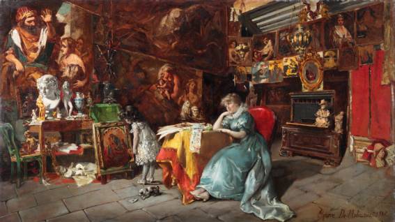 Immagine  == >  Da Molin Oreste - (Piove di Sacco 1856 - Padova 1921) - < La bottega dell'antiquario > - 1880 - Olio su tela - cm 50x89 - Collezione privata  //  Rif.: << NOBILT DEL LAVORO >> Arti e mestieri nella pittura veneta tra 800 e 900 -- Museo Nazionale di Villa PisaniStra (Venezia) -- dal 2 Giugno al 4 Novembre 2012  //  [Info: www.studiopesci.it - info@studiopesci.it]
