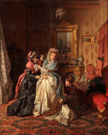 Immagine  == >  ZASSO Giuliano - (Venezia 1833-1889) - < Preparazione al ballo in maschera > - Olio su tavola - 47,5x37,5 - Collezione privata  //  Rif.: << NOBILT DEL LAVORO >> Arti e mestieri nella pittura veneta tra 800 e 900 -- Museo Nazionale di Villa PisaniStra (Venezia) -- dal 2 Giugno al 4 Novembre 2012  //  [Info: www.studiopesci.it - info@studiopesci.it]