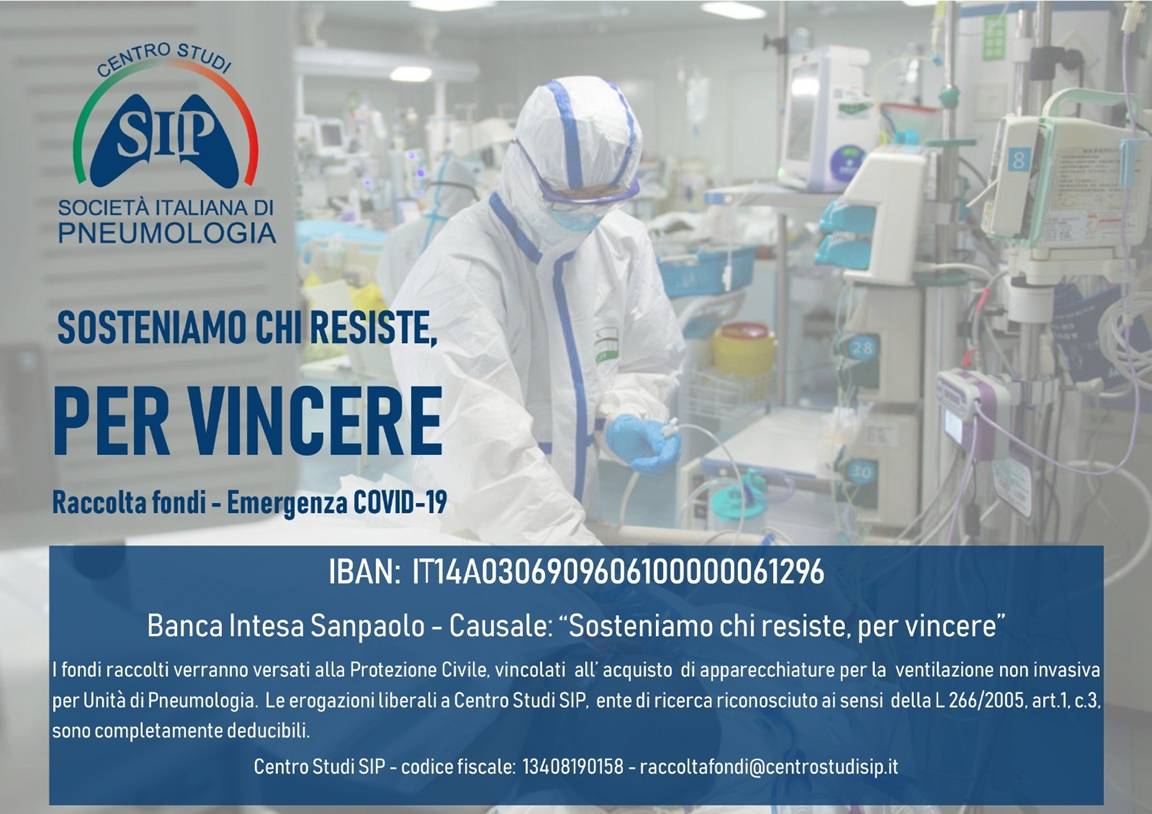 Immagine: Locandina - Rif. «Sosteniamo chi resiste, per vincere': la raccolta fondi del Centro Studi SIP» - Centro Studi della Società Italiana di Pneumologia (SIP), mobilitazione per far fronte allfemergenza #Coronavirus - Da Marzo 2020 || CENTRO STUDI SIP - SOCIETÀ ITALIANA DI PNEUMOLOGIA - centrostudisip.it - raccoltafondi@centrostudisip.it