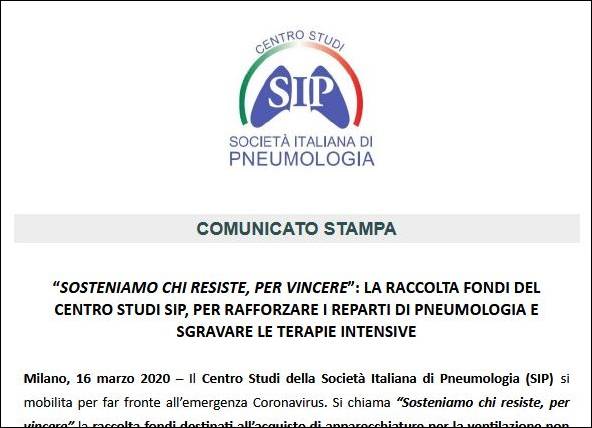 Immagine > Estratto-cs - Rif.: SOSTENIAMO CHI RESISTE, PER VINCEREh: LA RACCOLTA FONDI DEL CENTRO STUDI SIP, PER RAFFORZARE I REPARTI DI PNEUMOLOGIA E SGRAVARE LE TERAPIE INTENSIVE» - CENTRO STUDI SIP - SOCIETÀ ITALIANA DI PNEUMOLOGIA [Rif. vrelations.it - 2020, Marzo 16]