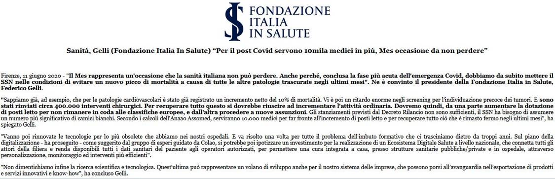 Immagine: Estratto cs «Sanità, Gelli (Fondazione Italia In Salute) gPer il post Covid servono 10mila medici in più, Mes occasione da non perdereh» [11 giugno 2020 - Fondazione Italia in Salute] || Riferimenti utili - Ufficio stampa: Lorenzo Galli Torrini - Galli Torrini Srl - info@gallitorrini.com - www.gallitorrini.com