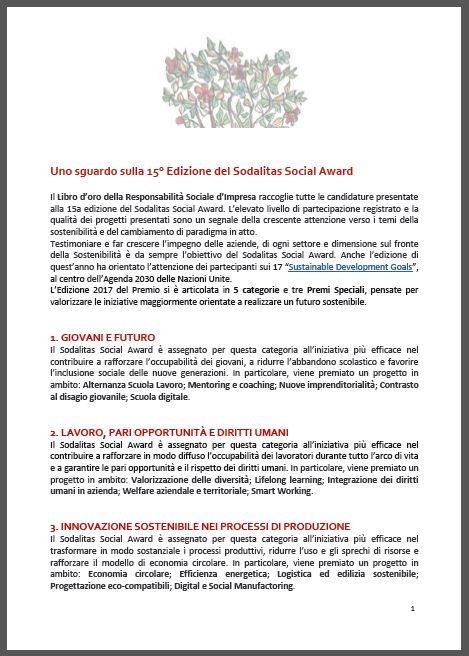 Immagine: SODALITAS SOCIAL AWARD - 15a EDIZIONE 2017 - Il Libro dforo della Responsabilità Sociale dfImpresa. - pg. 1 - «Uno sguardo sulla 15 Edizione del Sodalitas Social Award» // FONDAZIONE SODALITAS - socialaward@sodalitas.it - sodalitas.it